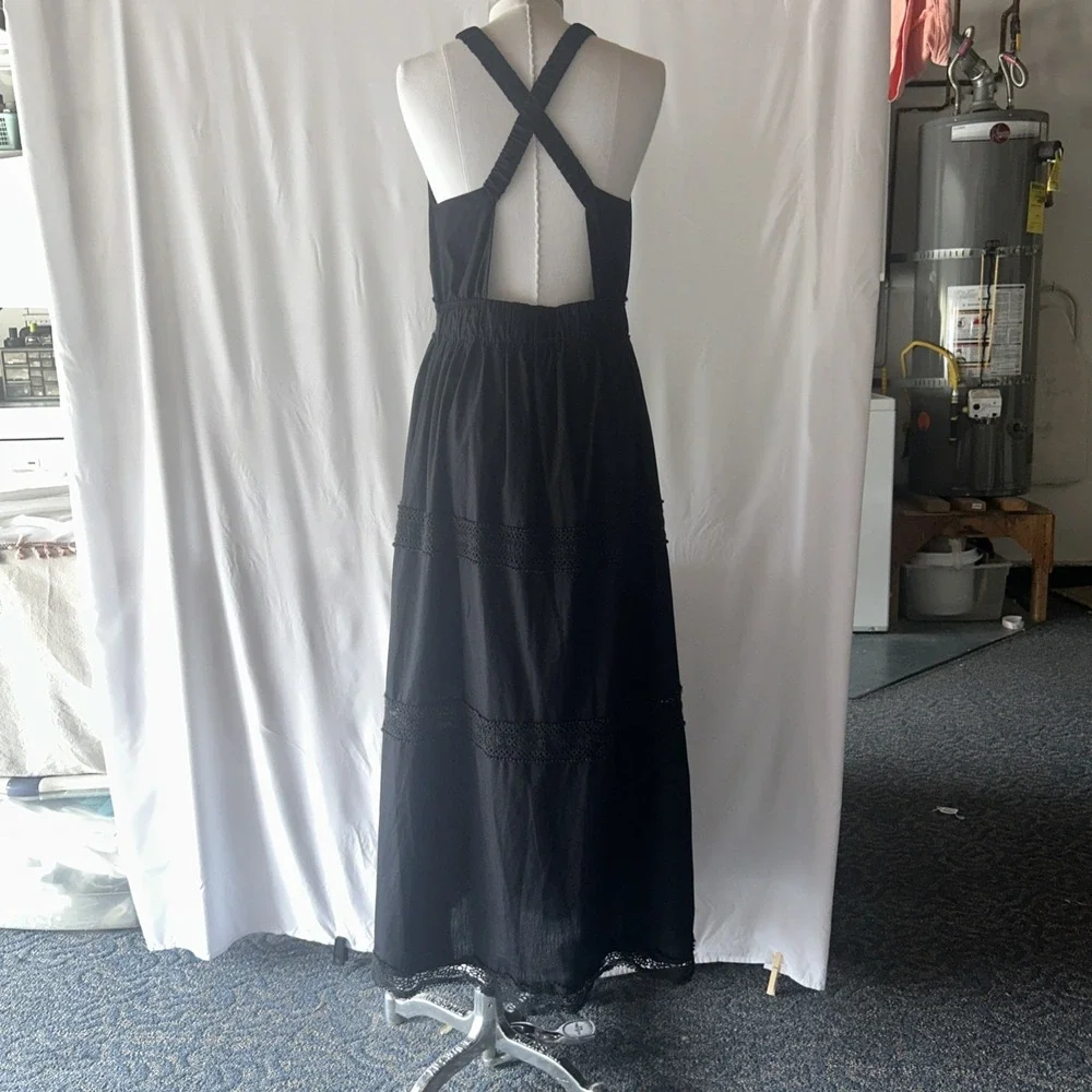 Abercrombie & Fitch High Neck Crochet Cotton Blend Maxi Black Dress Large Tall